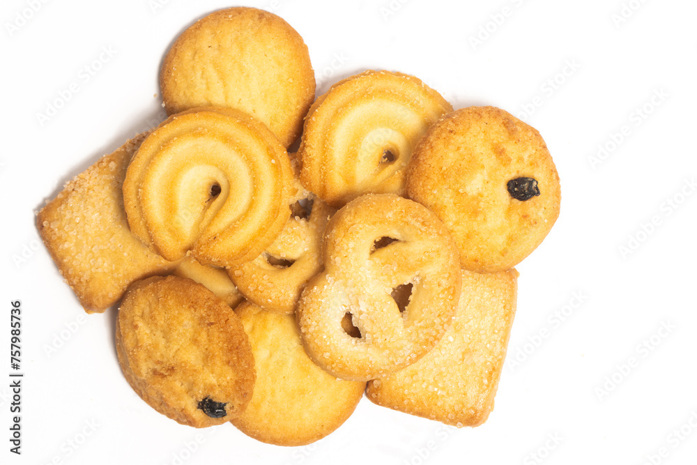 Group of assorted of danish butter cookies top view isolated on white background clipping path Group of assorted of danish butter cookies top view isolated on white background clipping path