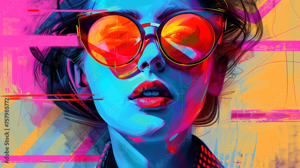 Obraz premium Abstract colorful digital art of a woman in vibrant sunglasses