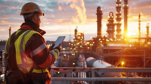 Industrial engineer in hardhat using tablet, with oil refinery in background during sunset.