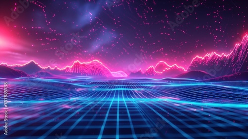 Cyber network connection lines over digital mountains with vibrant pink and blue hues.