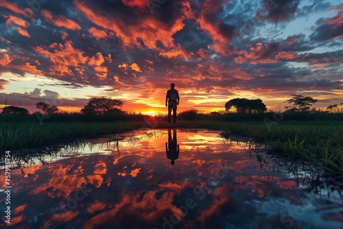 sun setting with vibrant colors and while someone is standing with their back turn. © Multiverse