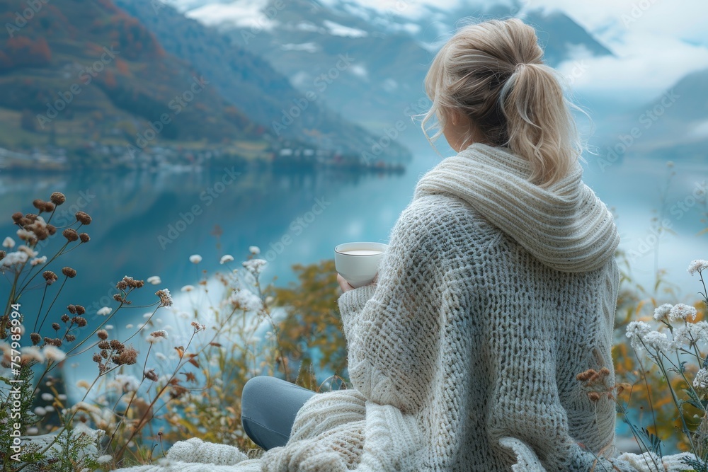 Fototapeta premium A woman wrapped in a sweater enjoys the serenity of a lake view, encapsulating tranquility and solitude