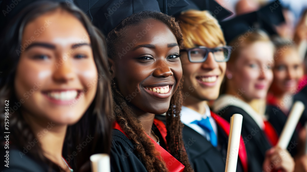 A group of graduating students in graduation parade attire rejoice and laugh at the knowledge they have gained A group of graduating students in graduation parade attire rejoice and laugh at the knowledge they have gained