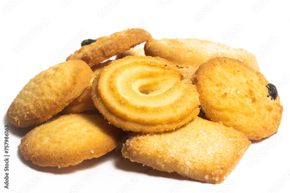 Close-up group of assorted of danish butter cookies isolated on white background clipping path