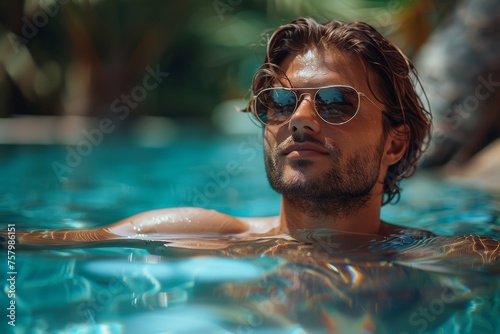 Confident man with facial hair relaxing in a pool, wearing sunglasses, and reflecting the serene surroundings