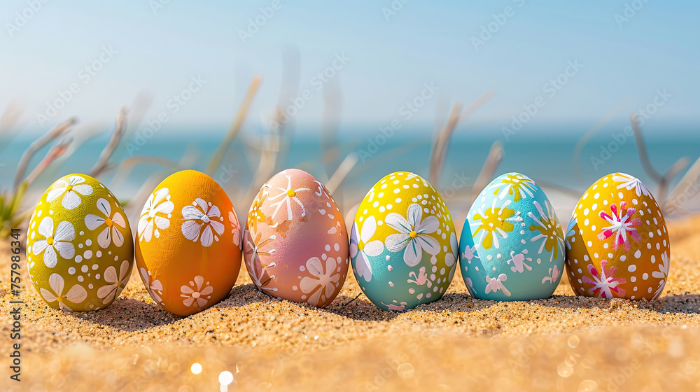 a row of handpainted easter eggs with floral patterns are arranged on the sandy beach a row of handpainted easter eggs with floral patterns are arranged on the sandy beach