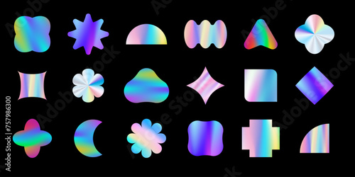 Holographic stickers mockup collection. Brutal form geometric shapes with Iridescent foil photo