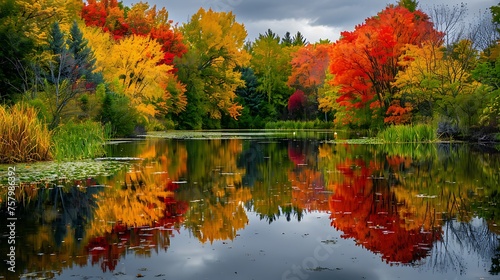 A dreamy autumn landscape with colorful foliage reflecting in a tranquil pond, creating a picture-perfect setting for relaxation