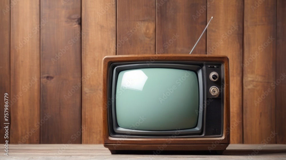 Retro TV  on wooden background. Photo in old color image style.