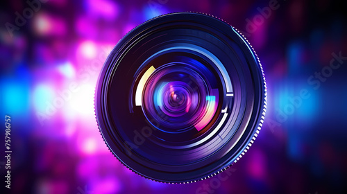 Professional camera lens with colorful bokeh lights