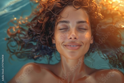 Serene image of a young woman floating in water with eyes closed, basking in the golden sunlight
