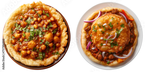 Set of Chole bhature is a North Indian food dish. A combination of chana masala and bhatura or puri. Isolated top view on transparent background, cutout png photo