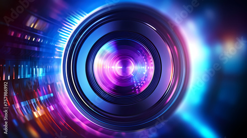 Professional camera lens with colorful bokeh lights