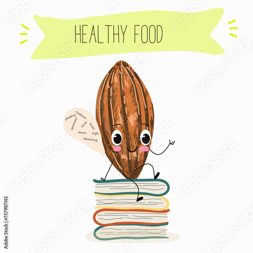 Cute  cartoon Cocoa Beans,  chocolate characters with different activities. Flat vector illustration, funny fruits, funny beans. Cartoon style smiling mascot for kids menu decoration.