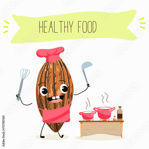 Cute  cartoon Cocoa Beans,  chocolate characters with different activities. Flat vector illustration, funny fruits, funny beans. Cartoon style smiling mascot for kids menu decoration.