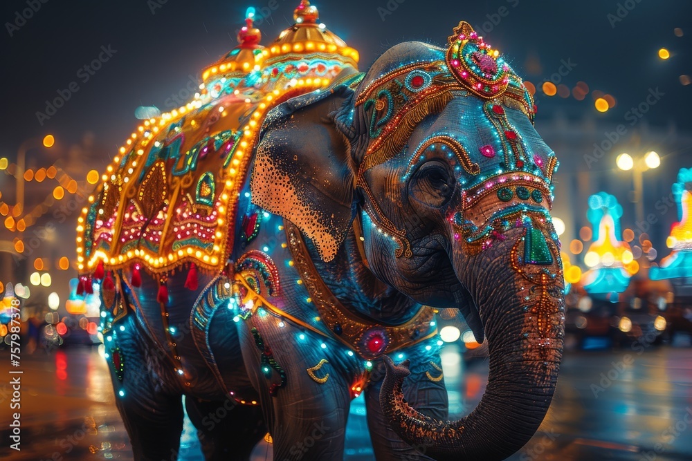 Majestically adorned elephant stands before an urban cityscape at night