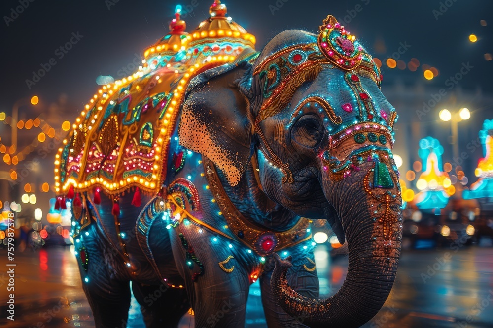 Obraz premium Majestically adorned elephant stands before an urban cityscape at night
