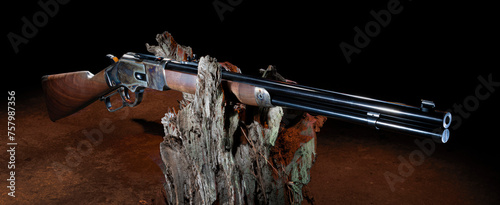 Cowboy style lever action rifle on a log