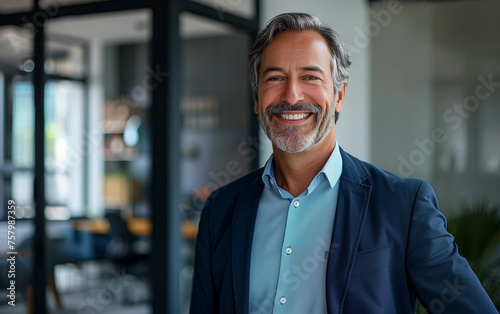 Confident professionalism: mature businessman exuding assurance with a bright smile, facing the camera in an office setting