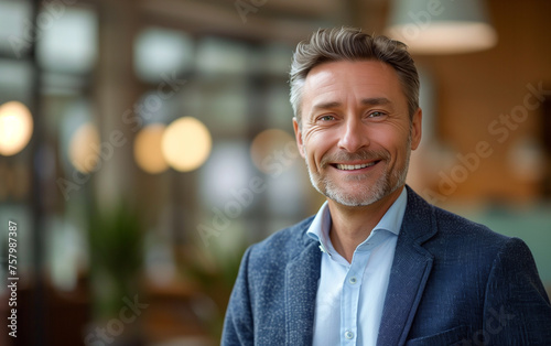 Mature businessman exuding assurance with a bright smile, facing the camera in an office setting
