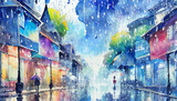 雨の街角,梅雨,雨季,rainy season, blue rain,Generative AI AI画像