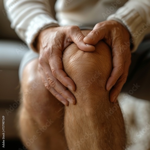 Closeup view of aged hands clasping a knee, indicative of joint pain, arthritis or injury, emphasizing healthcare photo