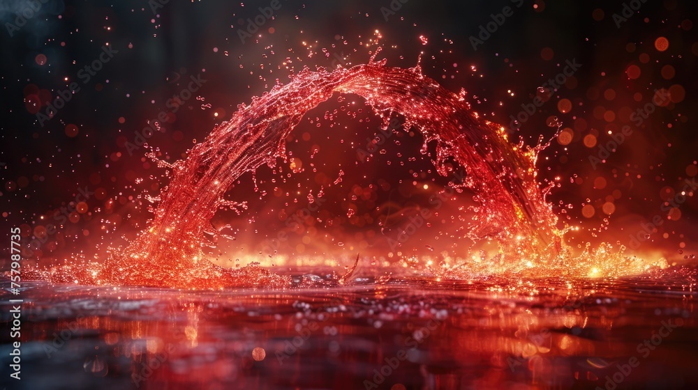 A vibrant red firework bursts open in the middle of a body of water, creating a mesmerizing display.