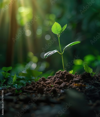 "Tranquil Growth: Green Sprout in Lush Forest"
