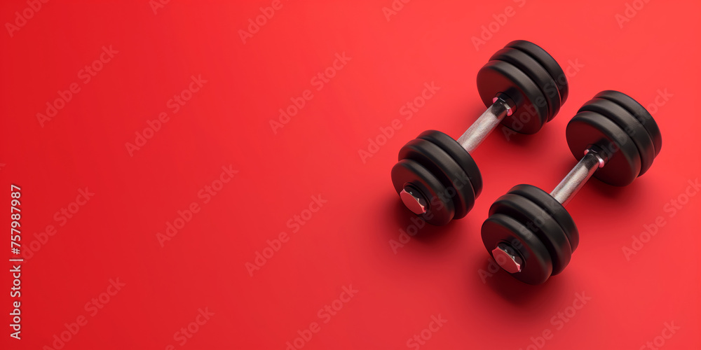 Black exercise dumbbells on a red background with space for your text Black exercise dumbbells on a red background with space for your text