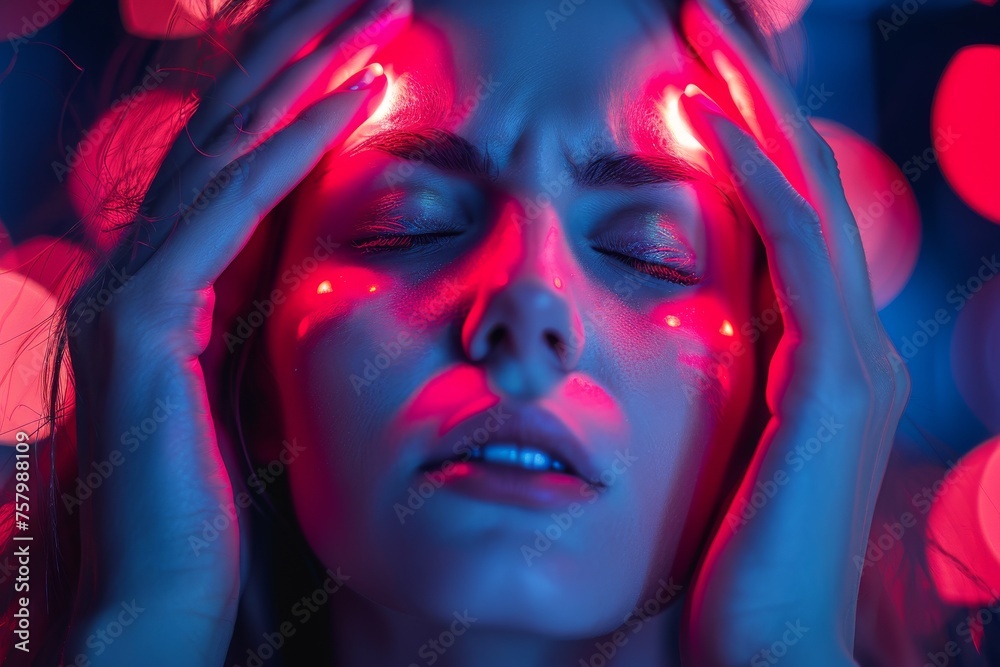 The vivid red lighting enhances the somber mood as a woman appears distressed, showing emotional and physical discomfort