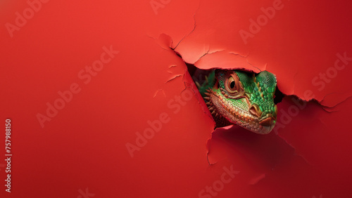 A vibrant green lizard peers through a jagged tear in the red paper background photo