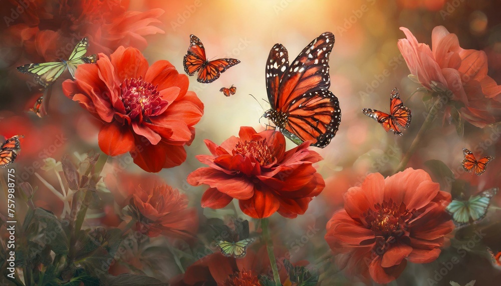 butterfly on flower background,Against a backdrop of vibrant green foliage and colorful blossoms, a delicate butterfly alights gracefully upon a blooming flower, creating a scene of natural  - obrazy, fototapety, plakaty 