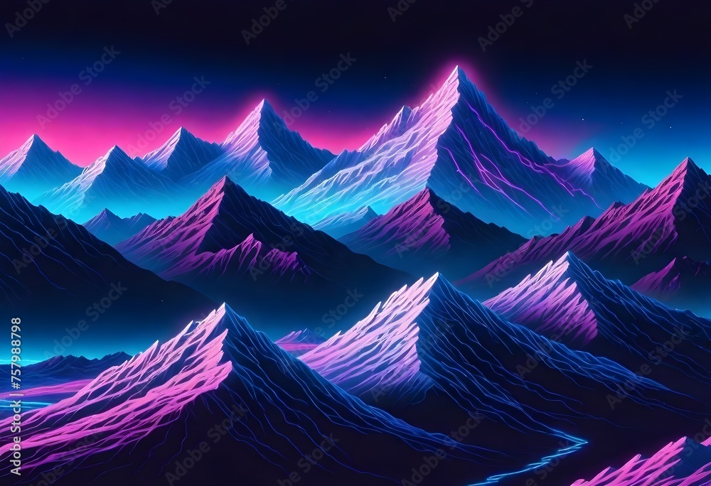 Neon-colored mountain landscape with vibrant pink and blue hues, sharp peaks, and a glowing body of water at the base with a small cityscape