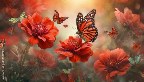 butterfly on flower background,Against a backdrop of vibrant green foliage and colorful blossoms, a delicate butterfly alights gracefully upon a blooming flower, creating a scene of natural  photo