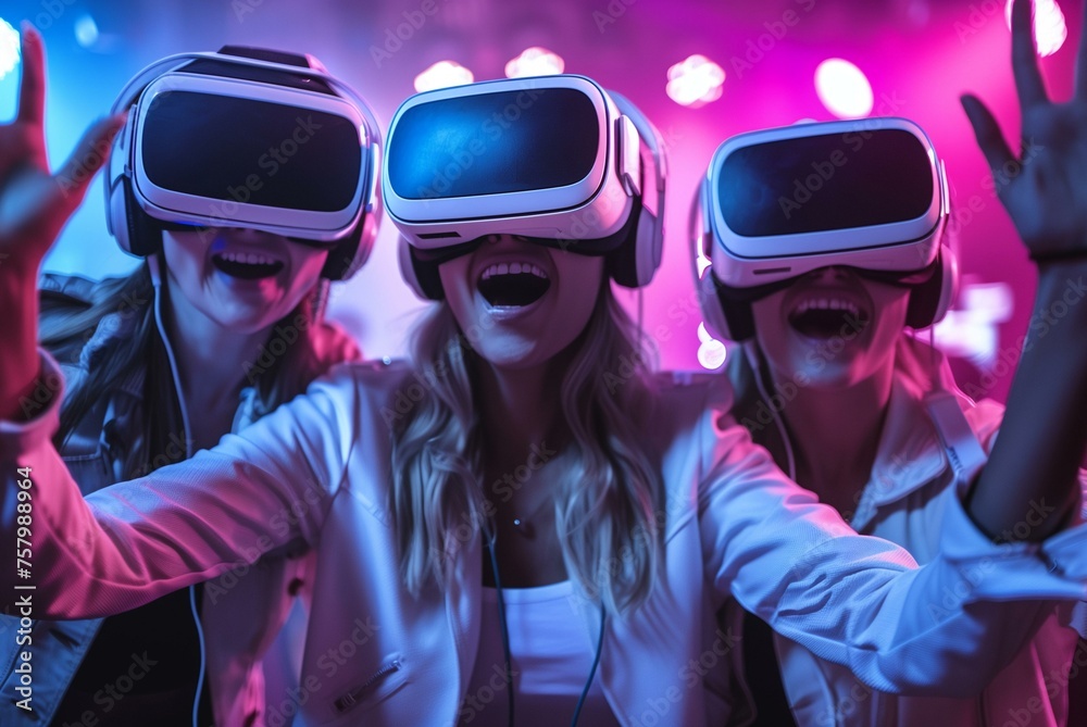Excited Friends Enjoying Virtual Reality Games at Party Excited Friends Enjoying Virtual Reality Games at Party