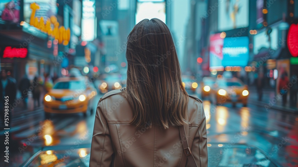 Woman Observing City Lights on Rainy Evening Woman Observing City Lights on Rainy Evening
