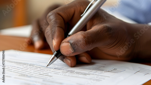 A close-up of a hand holding a pen and writing on a financial planning document, with details of the person's concentration, the document's details, and the pen's fine tip.