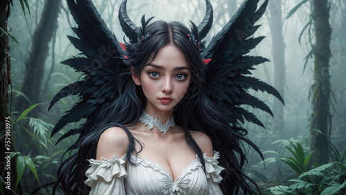 Prettiest dark forest fairy princess with deep blue colored eyes and jet black feather wings, she is wearing a pearl white dress and necklace choker - role playing fantasy portrait. 