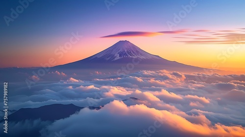 A majestic mountain peak piercing the clouds, bathed in the warm hues of a sunrise.