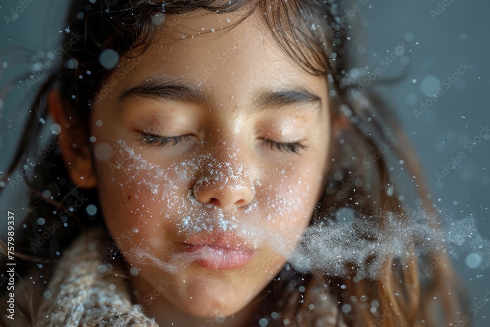 Imaginative shot of a playful young girl blowing glimmering snowflakes giving a sense of magic and innocence Imaginative shot of a playful young girl blowing glimmering snowflakes giving a sense of magic and innocence