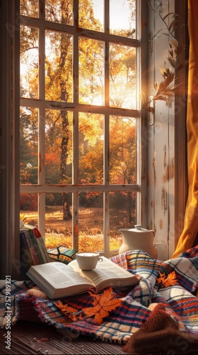 A cozy autumn scene with a blanket, a book, and a hot beverage by a window, capturing the warmth of fall vibes