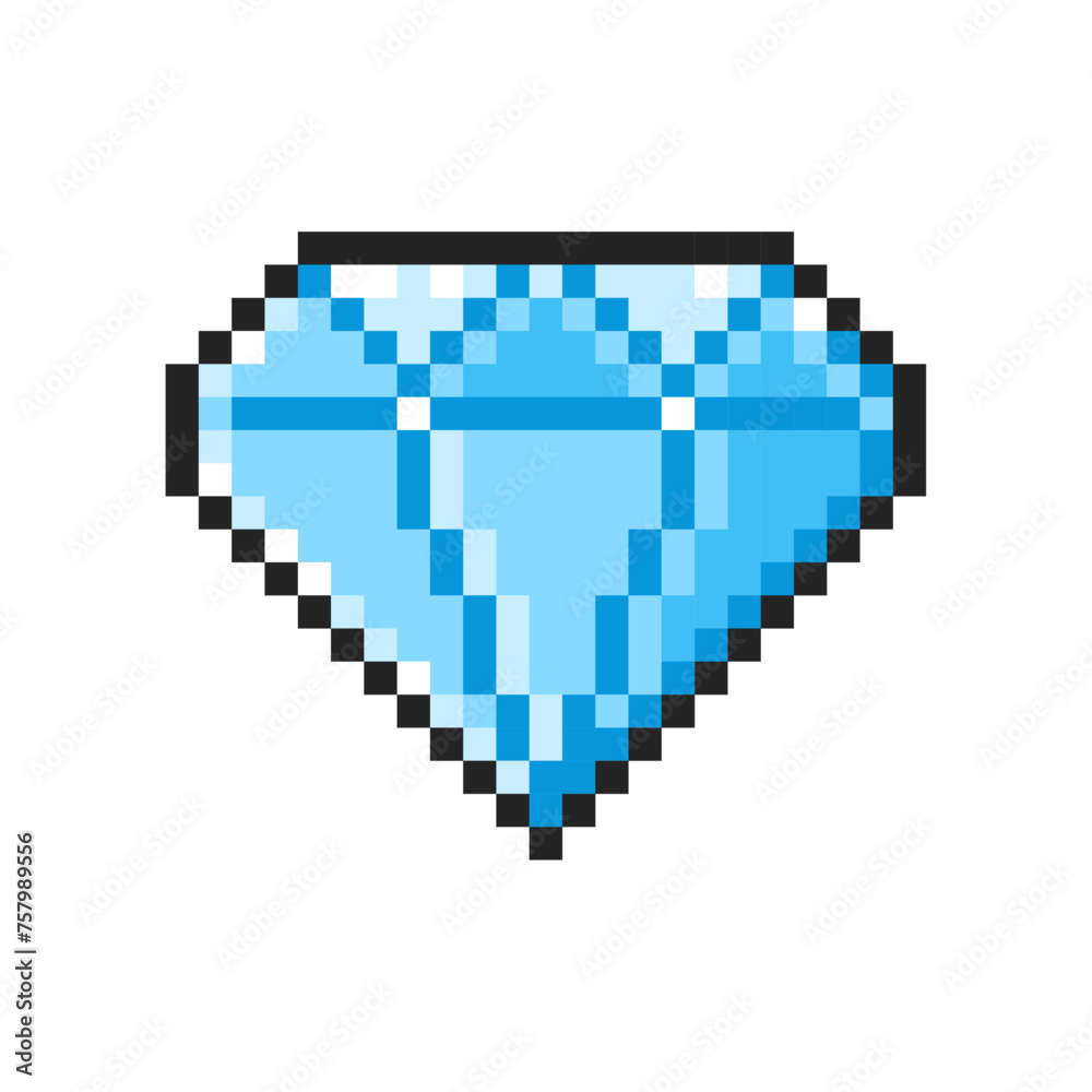 Obraz premium Pixel blue diamond isolated on white background. Gemstone icon. Slot machine or video game item. Vector pixel art illustration in 8-bit old style.