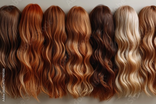 Close-up image displaying a range of human hair color samples from blonde to black