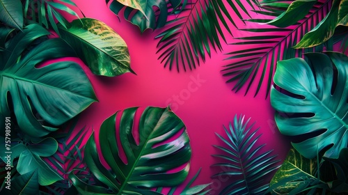 A creative layout featuring tropical leaves in fluorescent colors  arranged in a flat lay style for a bold neon nature concept
