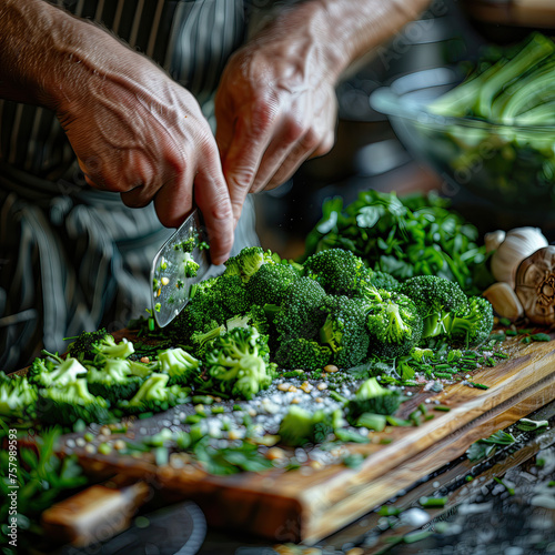 Ayudante de cocina cortando brócoli las manos sobre filo del cuchillo, tabla de madera, ajos, vista de frente,  recetas sanas, preparación cena, fotos gastronómica, hombre con delantal, verde photo