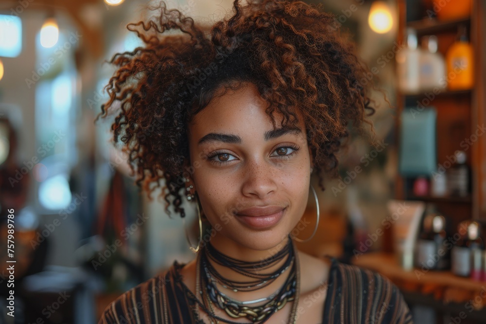 Elegant portrait of a woman with Afro-textured hair and a captivating smile, wearing accessories Elegant portrait of a woman with Afro-textured hair and a captivating smile, wearing accessories