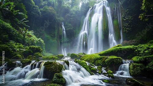 A majestic waterfall cascading down moss-covered rocks in a lush  green forest  surrounded by the sounds of nature