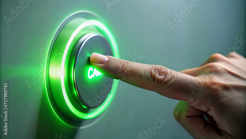 Finger Pressing a Green Lit Button on Modern Interface 