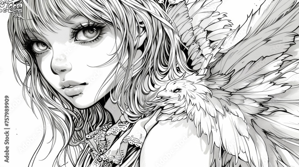 Fototapeta premium Line art drawing of a cartoon angel portrait