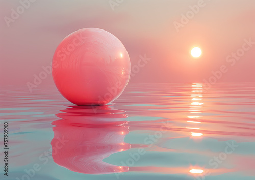Una esfera rosada flotando sobre aguas mansas  tranquilas  como en el ocaso  el atardecer y sus luces tenues borrosas  reflejando la luz del sol  mas all   del horizonte  posada meditando  calmada 